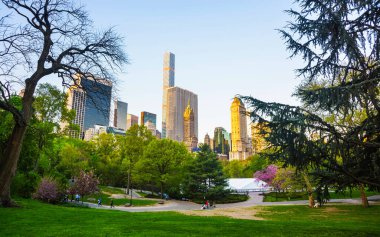 Central Park Nyc refleksinde Manhattan şehir merkezinin ufuk çizgisi