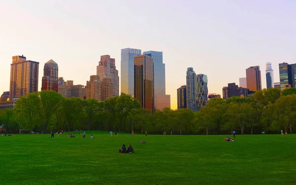 Green lawn et Midtown Manhattan skyline dans Central Park South reflex — Photo