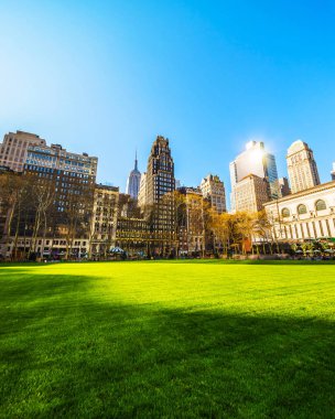 Bryant Park Nyc refleksindeki Gökdelenlerle Yeşil Çim ve Skyline