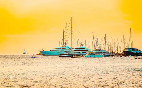 Yachts in Mediterranean Sea in Costa Smeralda in Sardinia Italy reflex — 스톡 사진