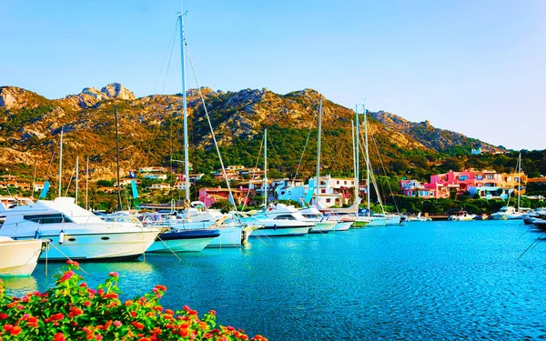 Porto Cervo Costa Smeralda Sardina 'daki marinada lüks yatlar.