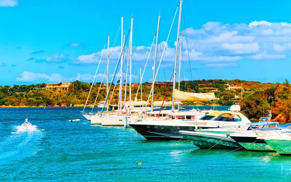 Landscape with Luxury yachts in marina Porto Cervo Sardinia reflex — Stock Photo, Image
