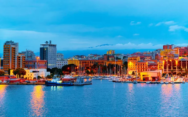 Port with ships at Cagliari at dusk reflex — 스톡 사진