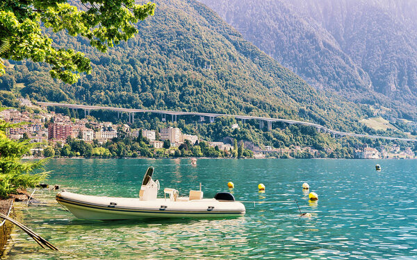 Sail boat at Geneva Lake in Montreux, Vaud canton, Switzerland. Mixed media.