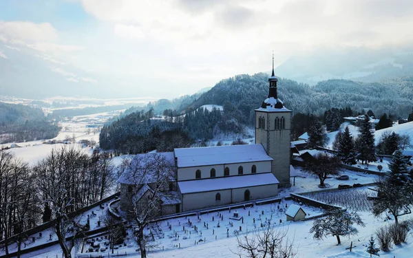 View of picturesque old church near Gruyere castle — ストック写真