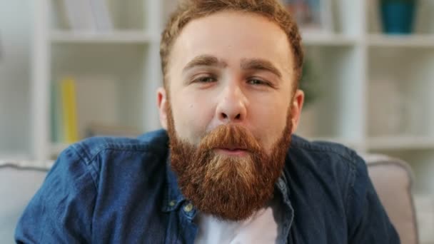 Portret van jonge rood haar hipster met baard eten pizza, favoriete komedie op tv kijken terwijl u ontspant op de sofa in de woonkamer. Close-up. — Stockvideo