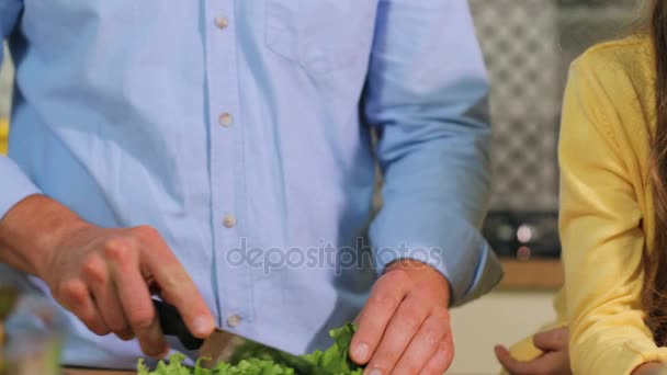 Крупним планом знімок кавказької сім'ї на кухні, батько вирізає салат, поки дочка використовує планшет . — стокове відео