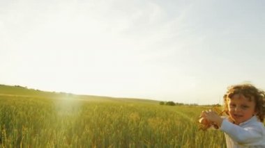 Ahşap uçak oyuncak ile yeşil alan ile çalışan mutlu küçük sarışın çocuk. Yakın çekim. Yan görünüm