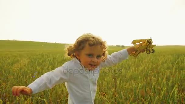 Handsome little boy with curls running through the green wheat field with wooden airplane toy. Close up little boy playing with toy plane on sun. — Stock Video