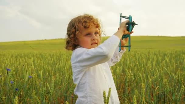 Portraitaufnahme eines glücklichen kleinen lockigen Jungen, der mit blauem Holzflugzeug-Spielzeug auf der grünen Wiese spielt. Nahaufnahme — Stockvideo
