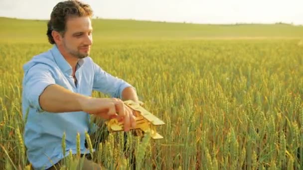 Father and son playing with yellow wooden plane toy in green wheat field on sunny day. Close up — Stock Video