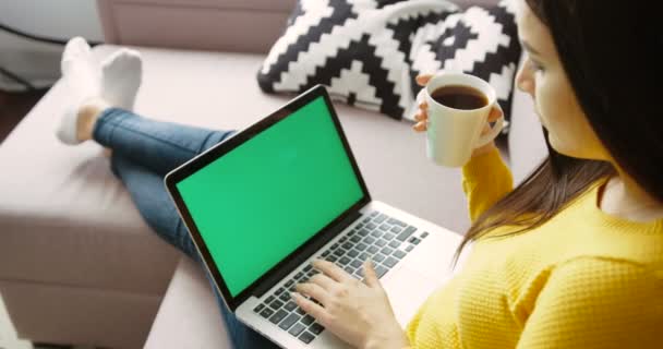 Mladá žena pomocí přenosného pc s zelenou obrazovkou, pití kávy, zatímco sedí na gauči v obývacím pokoji. Pohled zezadu. Chroma klíč