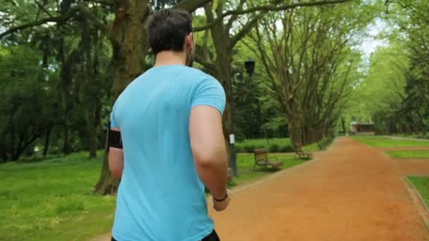 Attraktiver junger Mann mit Kopfhörern, der morgens im grünen Park joggt. Zeitlupe. Nahaufnahme. Rückansicht. zurück — Stockvideo