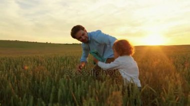 Mutlu baba aracılığıyla yeşil buğday alan ahşap uçak oyuncak ile el ele tutuşarak küçük oğlu runing ile. Uçmak gibi davranarak