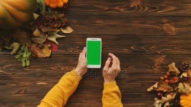 Akçaağaç yaprakları, fındık, kabak ve telefon ile yeşil perde ahşap masa üzerinde dikey pozisyonda yukarıdan Sonbahar düz yatırın. Kaydırma, yakınlaştırma sayfaları eller kadın. Üstten Görünüm. Chroma anahtar
