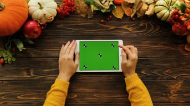 Ahşap masa üzerinde güzel autunm üstten görünüm pumpking, akçaağaç yaprakları ve fındık ile. Kaydırma, yakınlaştırma ve beyaz tablet cihazın yeşil ekran ile dokunmatik ekran dokunarak kadın. Chroma anahtar. İzleme