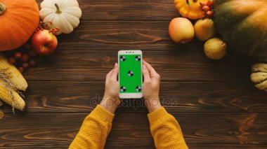 Kabaklar, meyve ve sebze ahşap tablo ile sonbahar kompozisyon. Kaydırma, dokunarak ve sayfaları ile yeşil perde beyaz akıllı telefon üzerinde yakınlaştırma kadın. Üstten Görünüm. Chroma anahtar. Hareket izleme