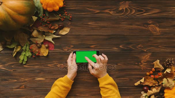 Mooie herfst bovenaanzicht met esdoorn bladeren en pompoen op de houten tafel. Vrouw scrollen, zoomen en op smartphones touchsreen te tikken. Groen scherm. Chromakey. Horizontale — Stockvideo