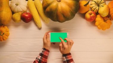 Kaydırma, Beyaz ahşap masa üstünde yeşil perde ile beyaz akıllı telefonda dokunarak bir kadın. Üstten Görünüm. Sonbahar konsepti ile meyve ve sebze masanın üzerinde. Düz yatıyordu. Chroma anahtar