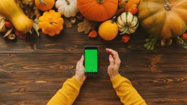 Kaydırma ve siyah smartphone yeşil ekran ile dokunmatik ekran dokunarak kadın. Üst tablo üstten görünüm beaautiful kabak ile. Sonbahar kompozisyon. Chroma anahtar