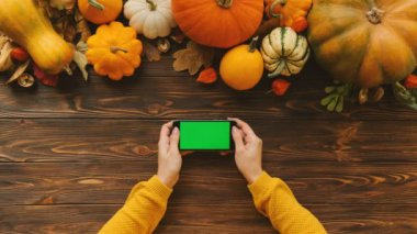Kaydırma ve siyah smartphone yatay pozisyonda yeşil ekran ile dokunmatik ekran dokunarak kadın. Üst tablo üstten görünüm kabak ile. Sonbahar kompozisyon. Chroma anahtar