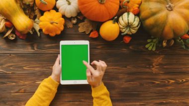 Üst tablo üstten görünüm turuncu kabak ile. Kaydırma ve beyaz tablet cihazın yeşil ekran ile dokunmatik ekran dokunarak kadın. Dikey konum. Chroma anahtar. Sonbahar, sonbahar