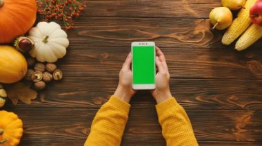 Ahşap masa üstünde yeşil perde ile beyaz smartphone kullanan kadın. Masada sonbahar üstten görünüm meyve ve sebze ile. Chroma anahtar