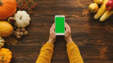 Beyaz smartphone ile ahşap masa üstünde yeşil perde. Dokunarak, dokunmatik ekran üzerinde yakınlaştırma kadın. Masada sonbahar üstten görünüm meyve ve sebze ile. Chroma anahtar