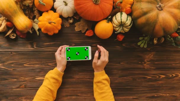 秋组成美丽的南瓜和白色智能手机与绿屏在木制的桌子上的水平位置。女人滚动、 缩放屏幕。色度键。顶视图。跟踪的议案。单位 — 图库视频影像