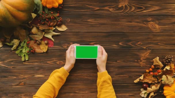 Mooie herfst plat leggen met esdoorn bladeren en pompoenen op de houten tafel. Bovenaanzicht. Vrouw scrollen, zoomen scherm van de aanraking op witte smartphone. Groen scherm. Chromakey — Stockvideo