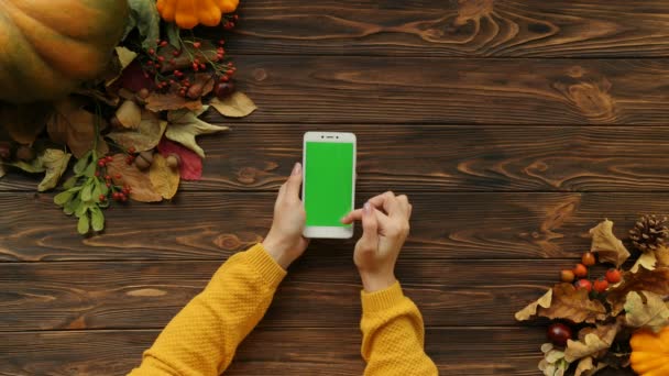 Vista superior de teléfono inteligente blanco con pantalla verde en la mesa de madera marrón. Tema de otoño. Hojas de arce y calabazas en el fondo de madera. Clave de croma — Vídeo de stock