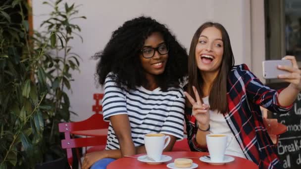 Kadınlar kafede fotoğraf çekmek — Stok video