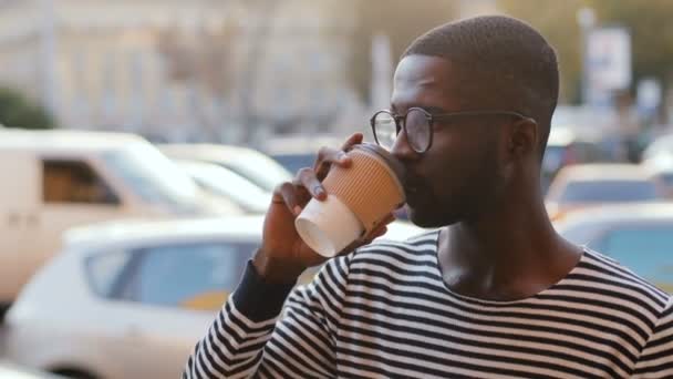 African man drink coffee — Stock Video