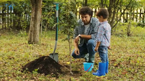 Retrato de un niño y su padre plantando un árbol. Papá le explica algo a su hijo y pone la tierra con la pala de juguete en el cubo de juguete. Hablan y sonríen. Fondo borroso — Vídeos de Stock