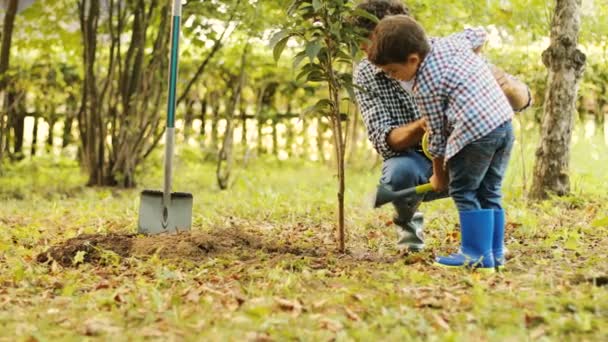 Retrato de un niño y su padre regando un árbol. Papá ayuda a su hijo. Fondo borroso — Vídeo de stock