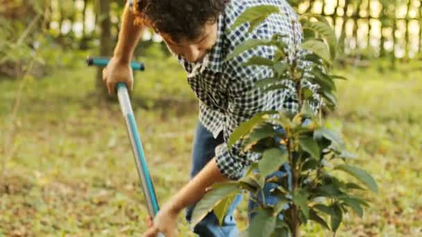 Gros plan. Portrait d'un agriculteur plantant un arbre. Il utilise la bêche pour mettre de la terre sur les racines. Puis il se lève et sourit. Fond flou — Video