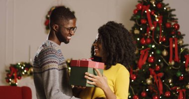 Güzel kız arkadaşı ve onlar, Noel ağacı ışıkları ve rahat oturma odasında kırmızı kurdele ile sarılma bir Noel hediyesi veren yakışıklı Afrikalı-Amerikalı genç adam. Kapalı