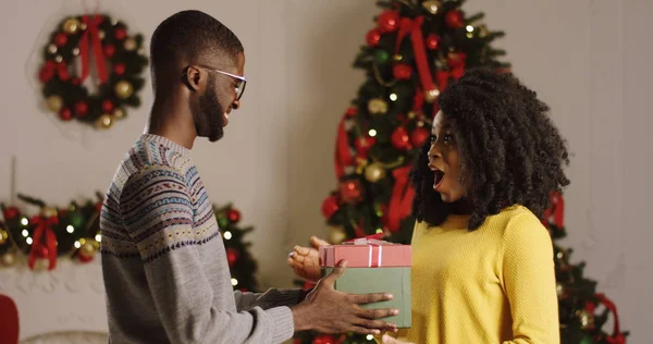 Handsome African American young man giving a Christmas gift to his pretty girlfriend and they hugging at the Christmas tree with lights and red ribbons in the cozy living room. Indoor