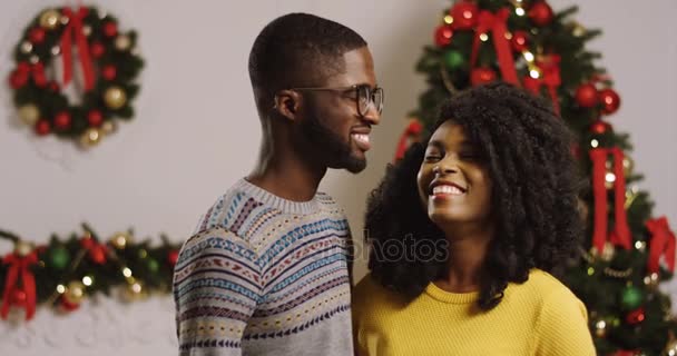 Retrato de jovem e feliz casal afro-americano olhando um para o outro e sorrindo para a câmera em uma árvore de Natal com luzes de fundo. Interior . — Vídeo de Stock