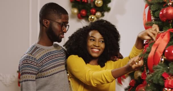 Крупный план молодых привлекательных улыбающихся афроамериканцев, готовящихся к Рождеству и украшающих елку красными лентами и золотыми безделушками. Внутри гостиной. Портретный снимок — стоковое видео