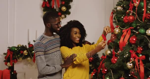 Νέοι ευτυχισμένο ζευγάρι Αφρικανικός Αμερικανός διακοσμώντας το χριστουγεννιάτικο δέντρο με ωραία Χριστούγεννα στολίδια στο άνετο σαλόνι. Πορτρέτο — Αρχείο Βίντεο