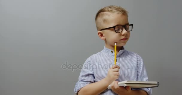 Close up of the cute little boy in glasses standing with a pencil and a notebook in his hands, making notes and than looking into the camera. Grey wall background. Indoor. Portrait — Stock Video