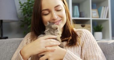 Sevimli genç kadın kanepede otururken sevimli bir kedicik okşama. Portre vurdu. Rahat oturma odası içinde