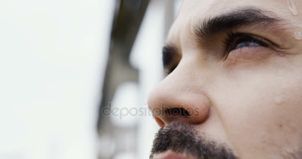 Close Male Face Dark Beard Drops Sweat Looking Sky Hope — Stock Video