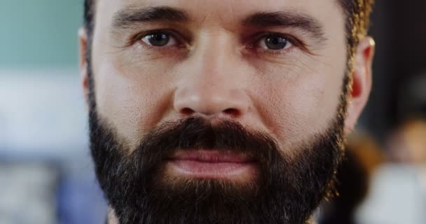 Close up de caucasias homem com uma barba olhando e sorrindo sinceramente direto para a câmera. O escritório desfocado com pessoas no fundo dos computadores. Lá dentro. Retrato — Vídeo de Stock