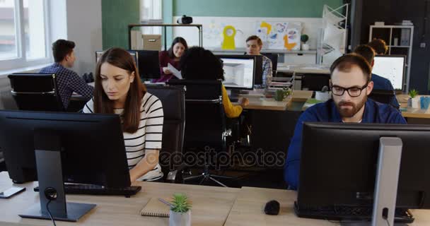 Två manliga och kvinnliga arbetare arbetar på sina datorer och diskuterar något. Moderna kontors bakgrunden. Business-team. — Stockvideo