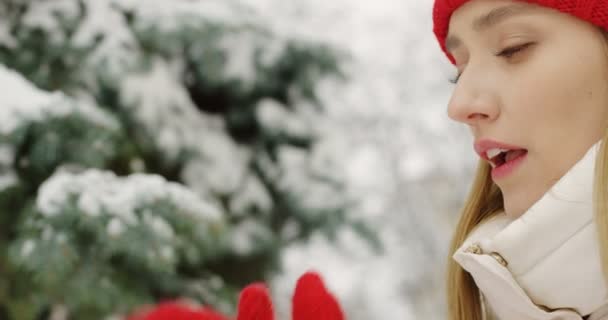在寒冷的日子里, 年轻女子戴着温暖的红帽子, 戴着手套在雪地上打鼾。室外.肖像拍摄 — 图库视频影像
