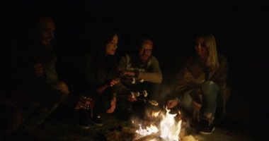 Marshmellows ateş üzerinde pişirme ve onları gece son zamanlarda yemek hipsters kadın ve erkek arkadaşları. Dışarıda