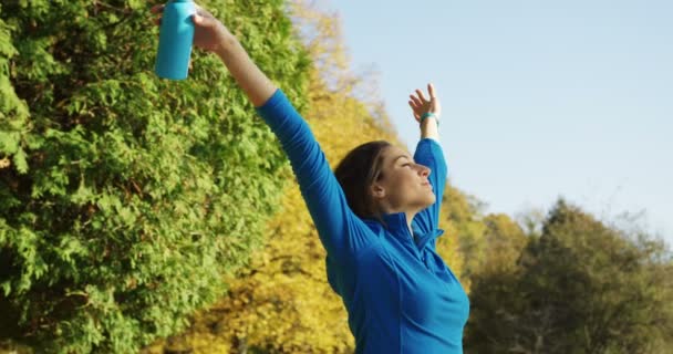 Affascinante donna sportiva felice stretching e mettendo le mani in alto nel parco soleggiato di prima mattina. Yoga in onda. Fuori. — Video Stock