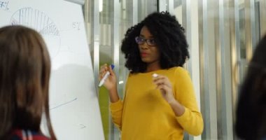 Yönetim Kurulu wth grafik duran ve oda ofis çalışma arkadaşlarınızla danışmanlık bardaklarda kıvırcık saçlı genç Afro-Amerikan kadın kapatın. İçinde